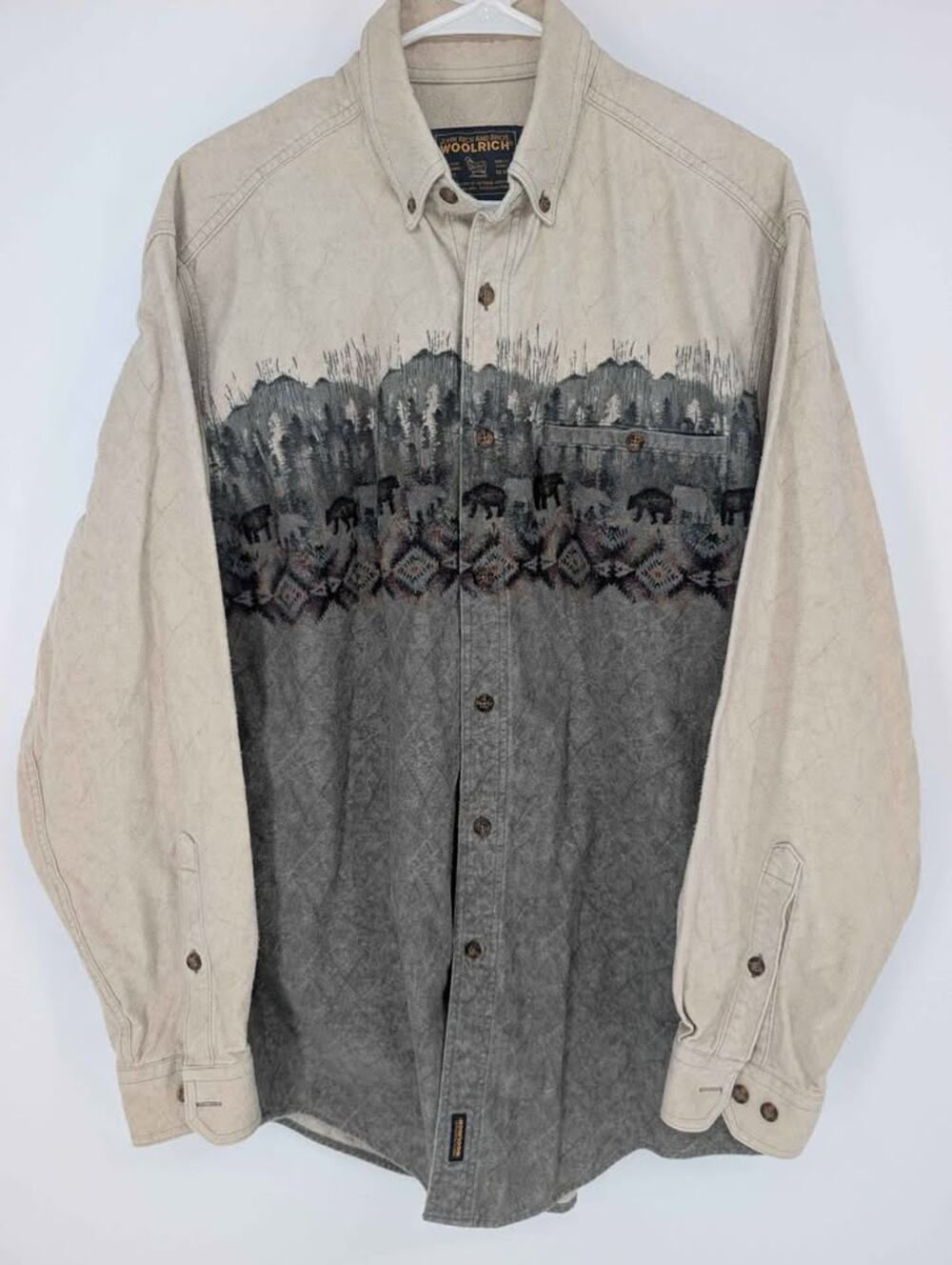 Woolrich Men L Bear Forest Shirt Long Sleeve Aztec Outdoor Cotton Folk Cabincore